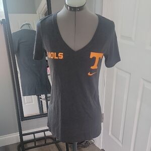 Nike Gray V-Neck T-Shirt with Orange Logo